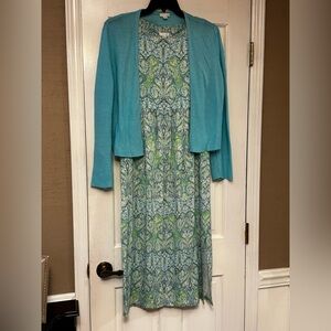 J. Jill Blue Teal Green Patterned Midi Dress with Teal Cardigan